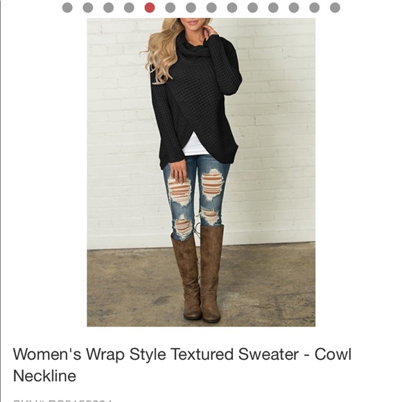 Wrap Style Black Asymmetrical Ribbed Knit Cowl Neck Sweater - Picture 2 of 10